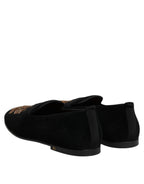 Dolce & Gabbana Black Velvet Gold Crown Mens Loafers Shoes - Zeiniez