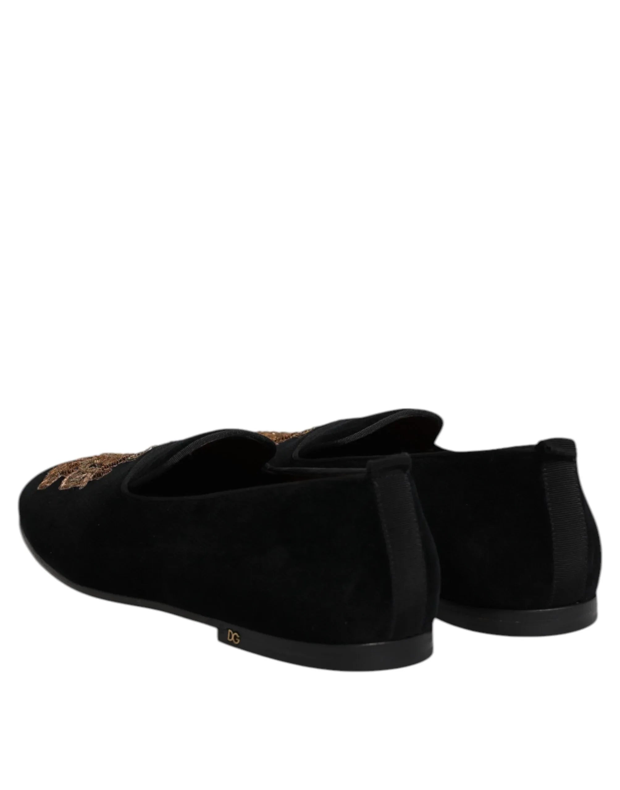 Dolce & Gabbana Black Velvet Gold Crown Mens Loafers Shoes - Zeiniez