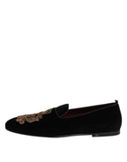 Dolce & Gabbana Black Velvet Gold Crown Mens Loafers Shoes - Zeiniez