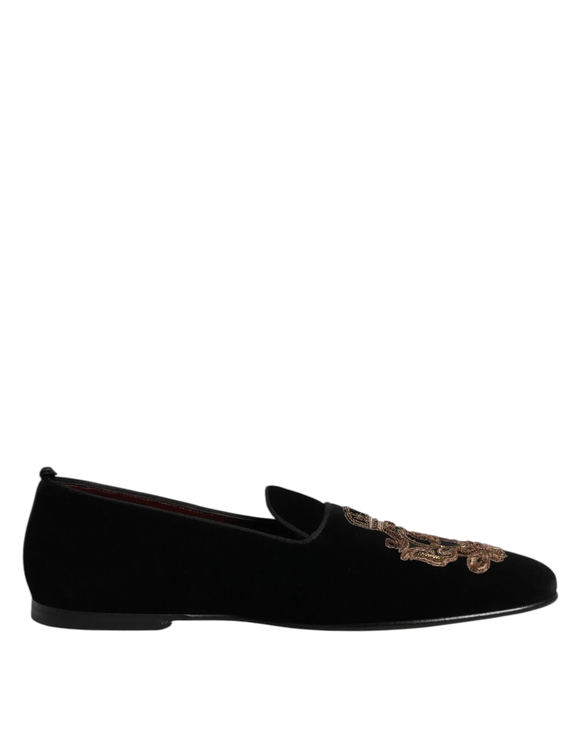 Dolce & Gabbana Black Velvet Gold Crown Mens Loafers Shoes - Zeiniez