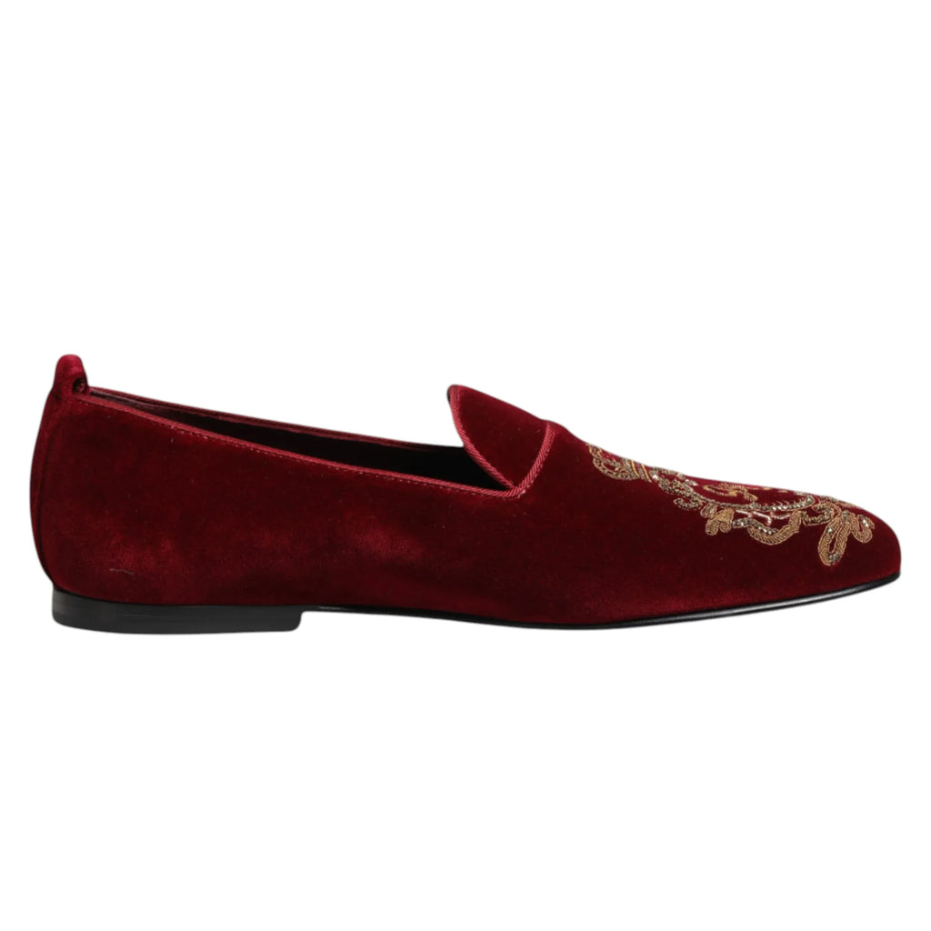 Dolce & Gabbana Red Velvet Gold Crown Mens Loafers Shoes - Zeiniez