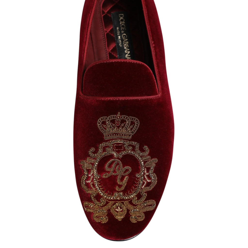Dolce & Gabbana Red Velvet Gold Crown Mens Loafers Shoes - Zeiniez