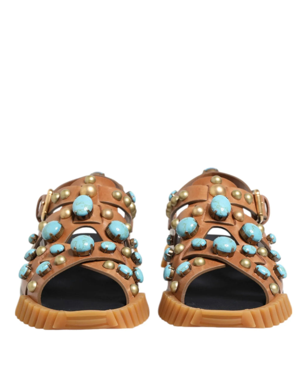 Dolce & Gabbana Brown Leather Studded Slides Sandals Shoes - Zeiniez