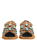 Dolce & Gabbana Brown Leather Studded Slides Sandals Shoes - Zeiniez