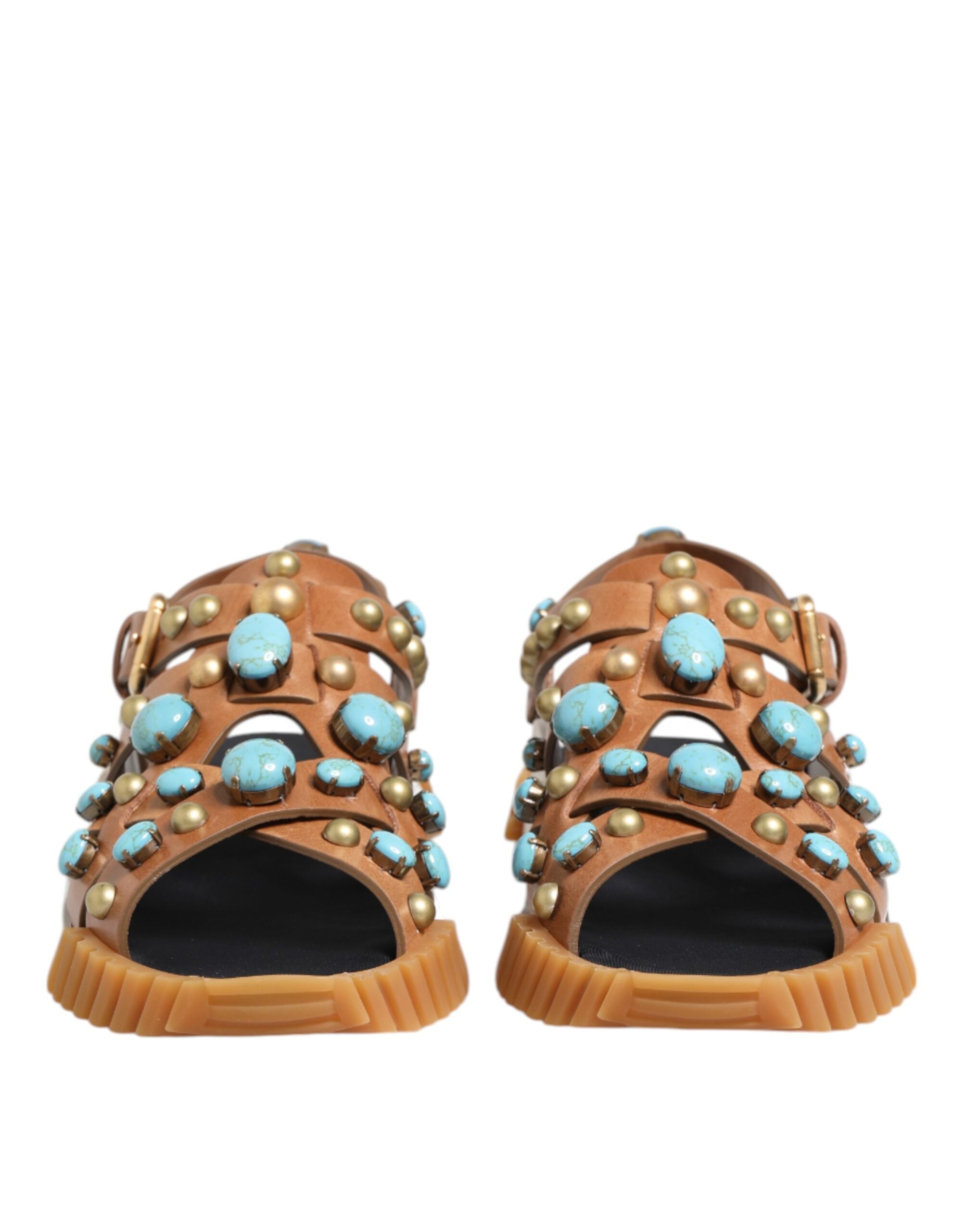 Dolce & Gabbana Brown Leather Studded Slides Sandals Shoes - Zeiniez