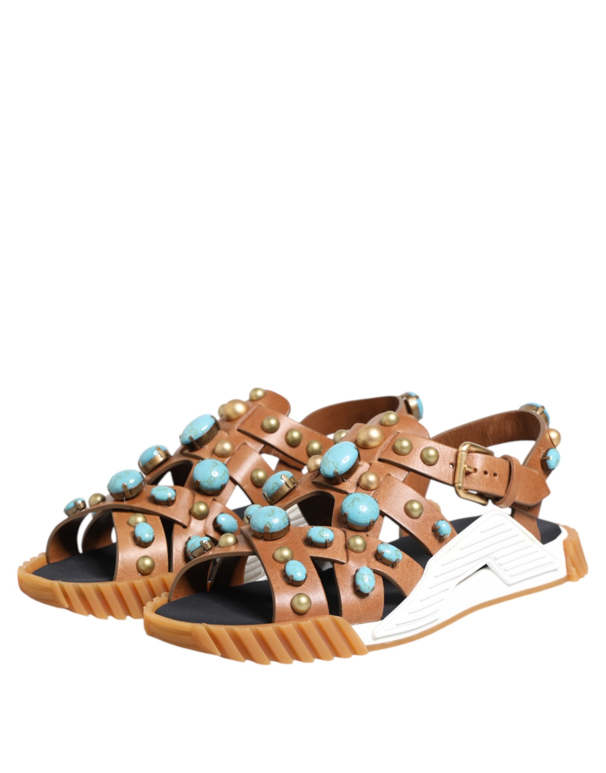 Dolce & Gabbana Brown Leather Studded Slides Sandals Shoes - Zeiniez