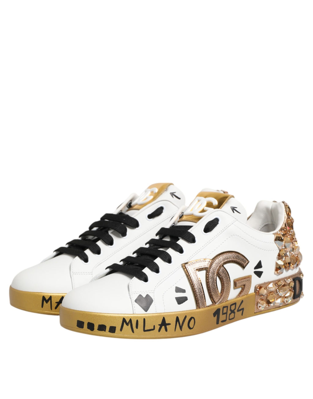 Dolce & Gabbana White Gold Crystal Portofino Sneakers Shoes