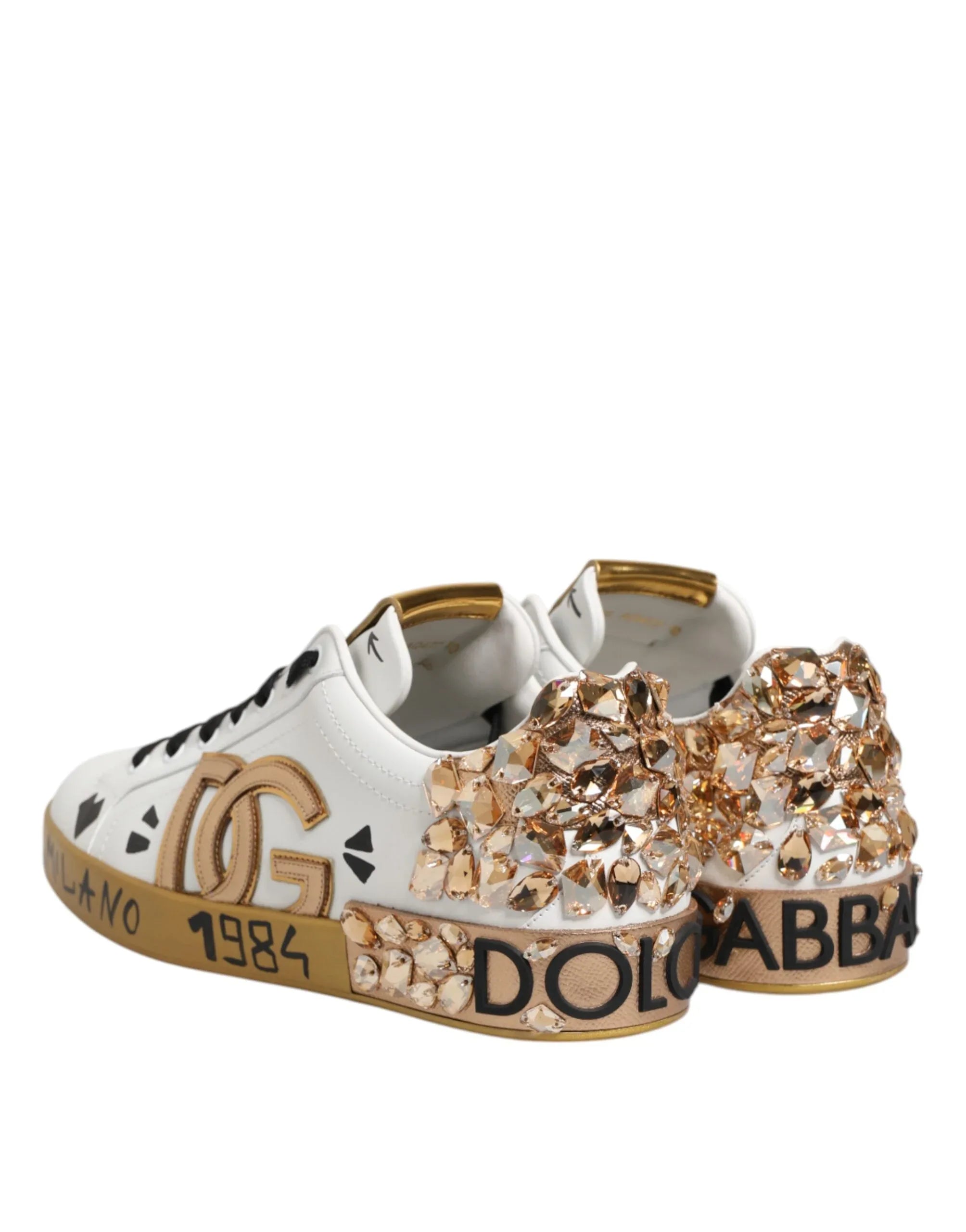 Dolce & Gabbana White Gold Crystal Portofino Sneakers Shoes - Zeiniez