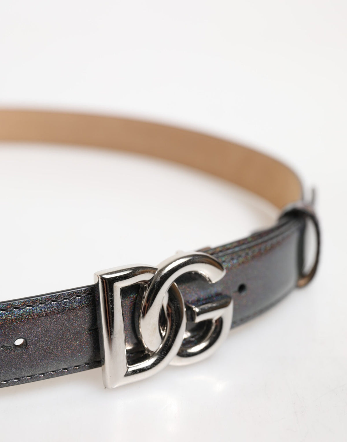 Dolce & Gabbana Metallic Leather Silver Tone Logo Buckle Belt