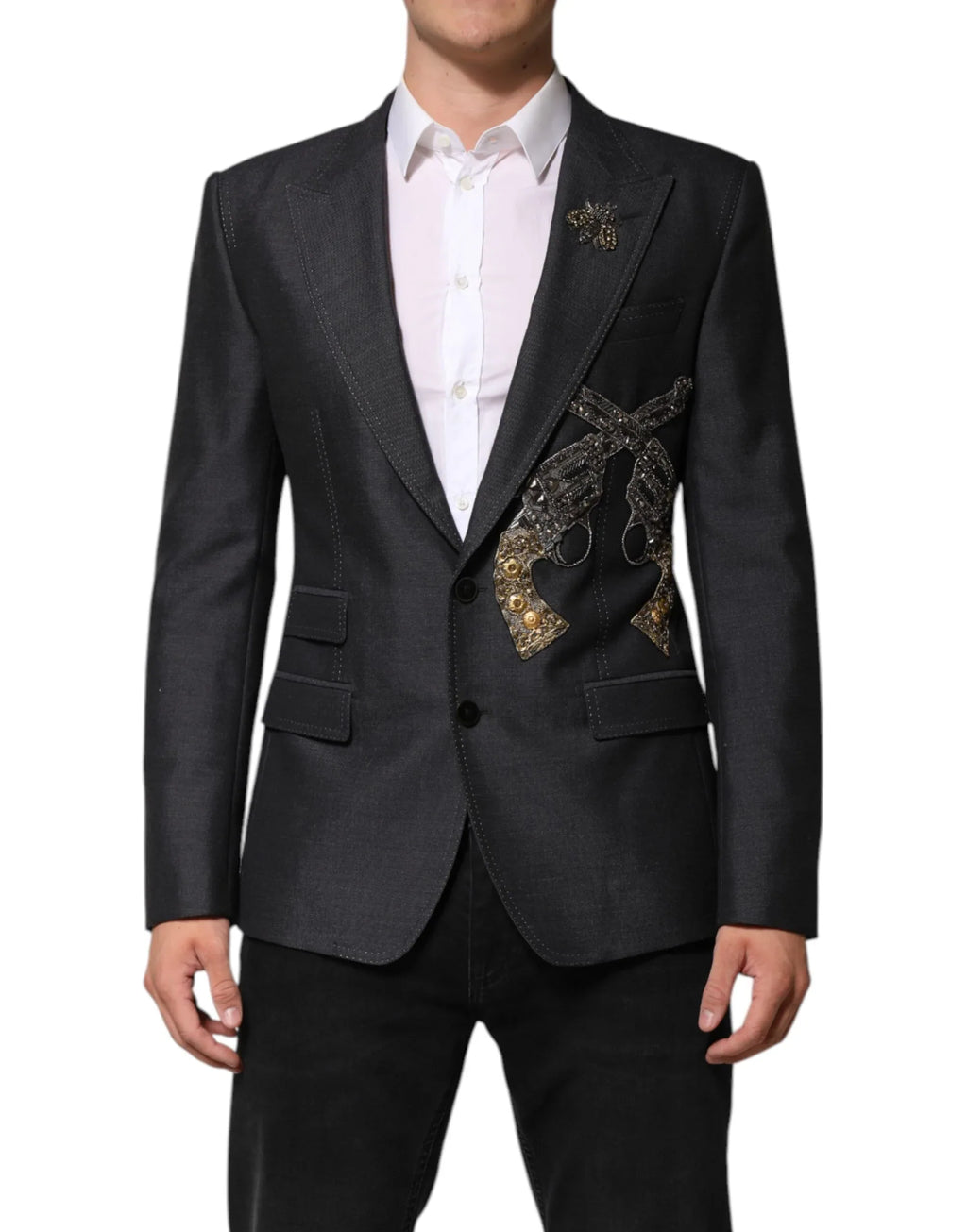 Dolce & Gabbana Dark Gray Bee Embroidery Wool Coat Blazer - Zeiniez