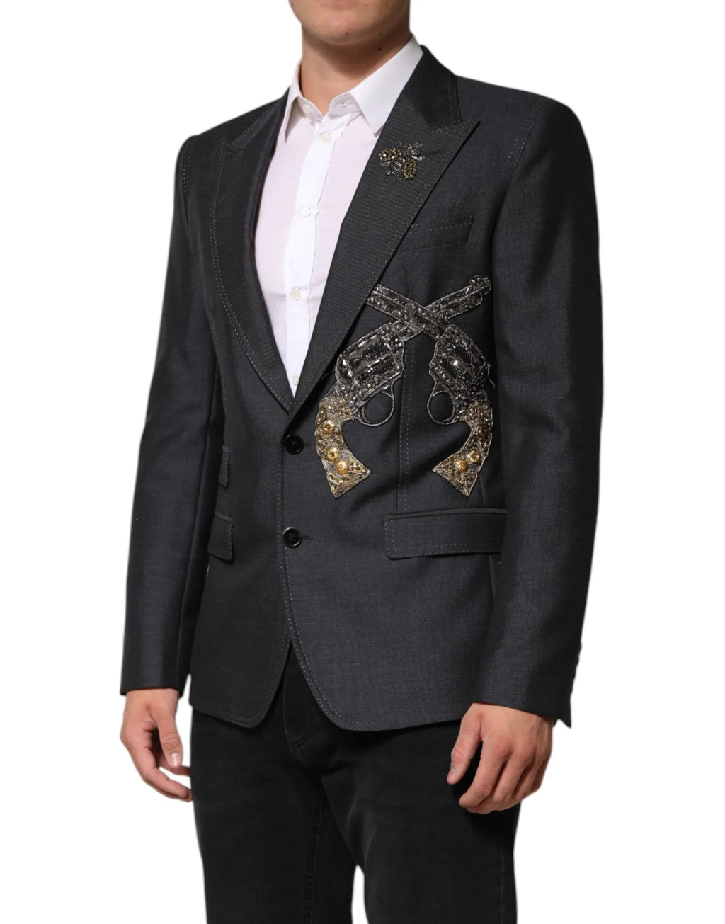 Dolce & Gabbana Dark Gray Bee Embroidery Wool Coat Blazer - Zeiniez