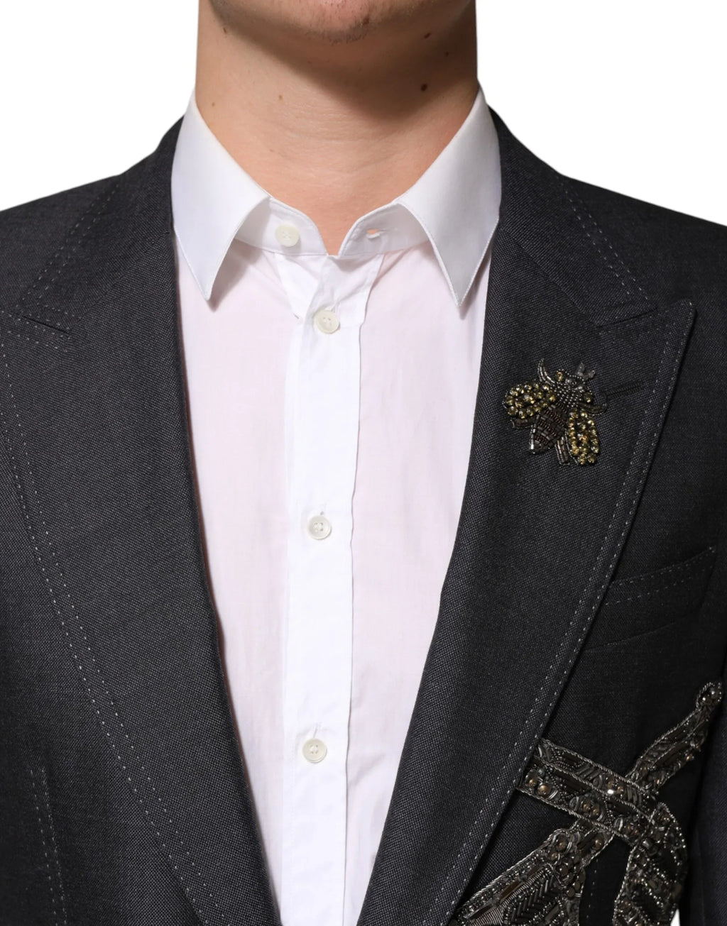 Dolce & Gabbana Dark Gray Bee Embroidery Wool Coat Blazer - Zeiniez