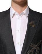 Dolce & Gabbana Dark Gray Bee Embroidery Wool Coat Blazer - Zeiniez