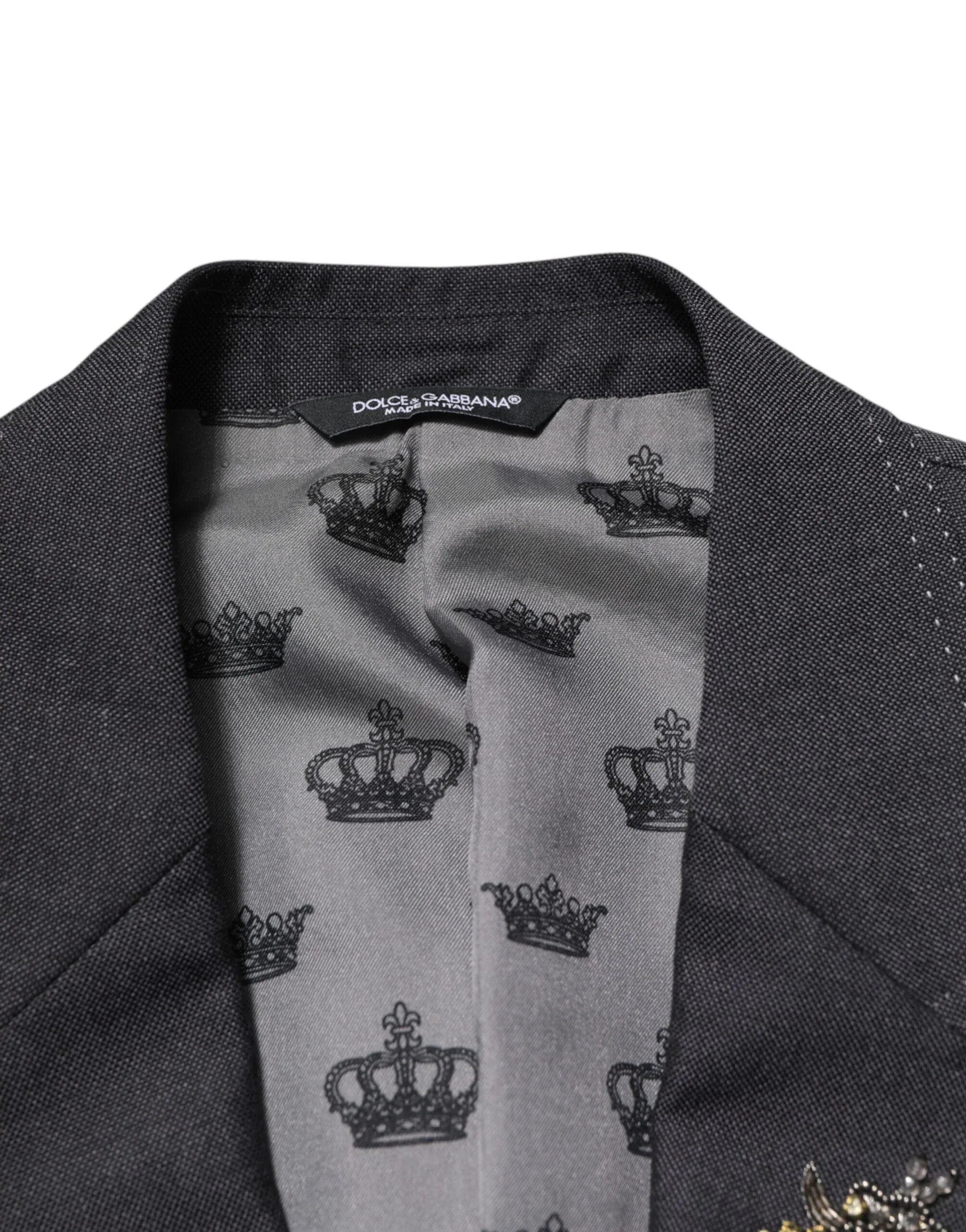Dolce & Gabbana Dark Gray Bee Embroidery Wool Coat Blazer - Zeiniez