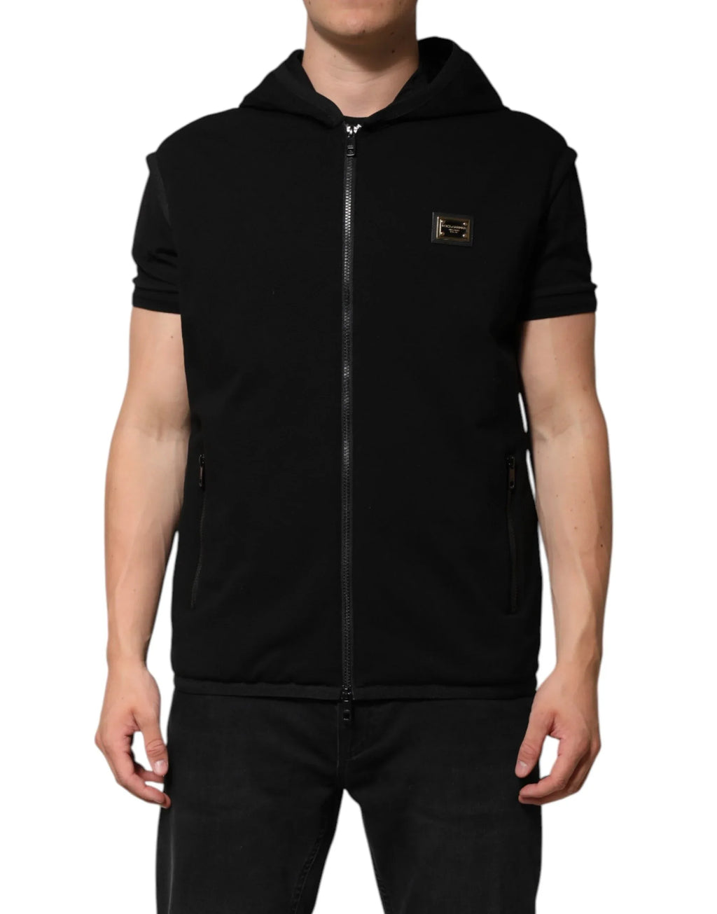 Dolce & Gabbana Black Sleeveless Hooded Logo Plaque Jacket - Zeiniez