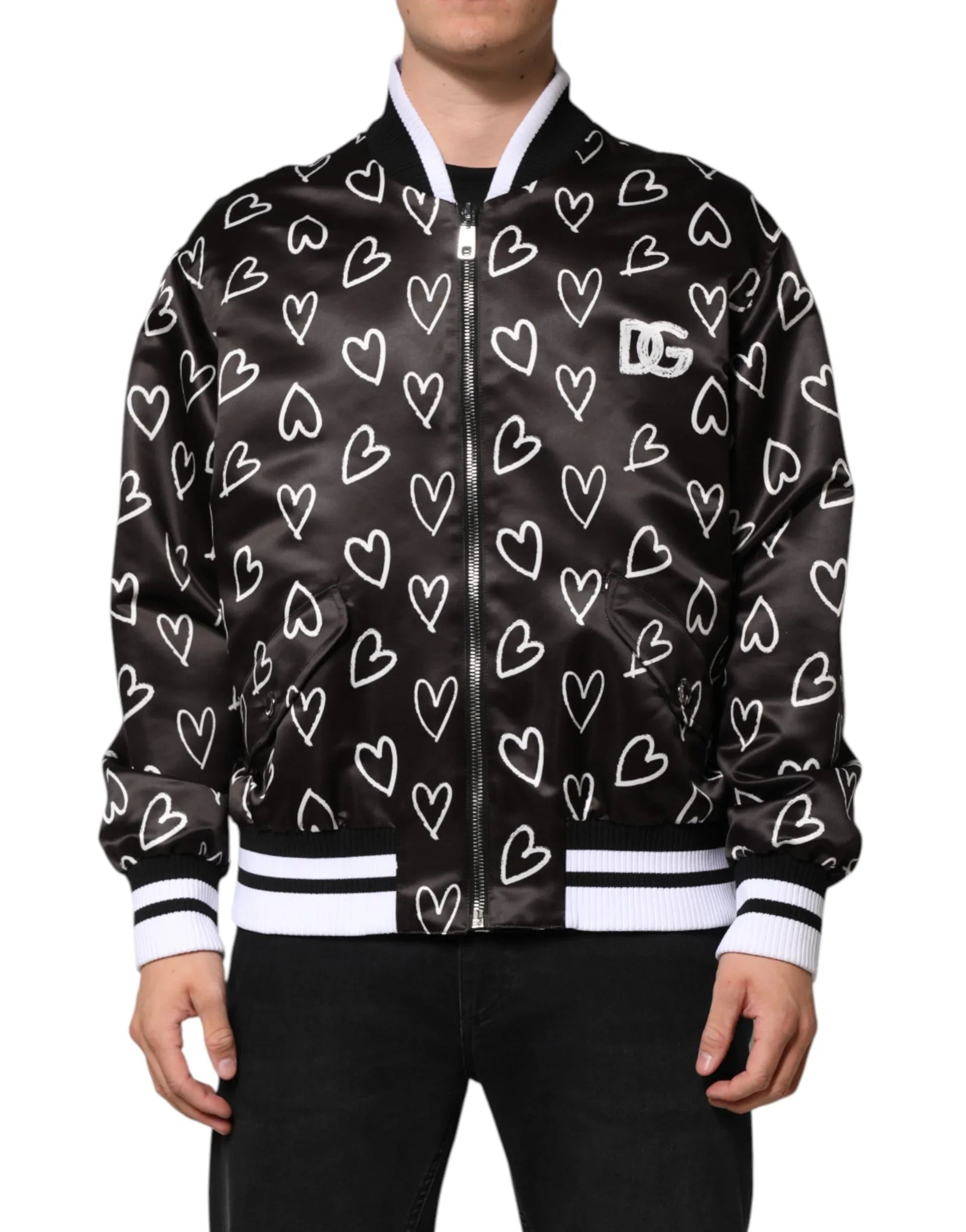 Dolce & Gabbana Black Polyester Heart Print Bomber Jacket - Zeiniez