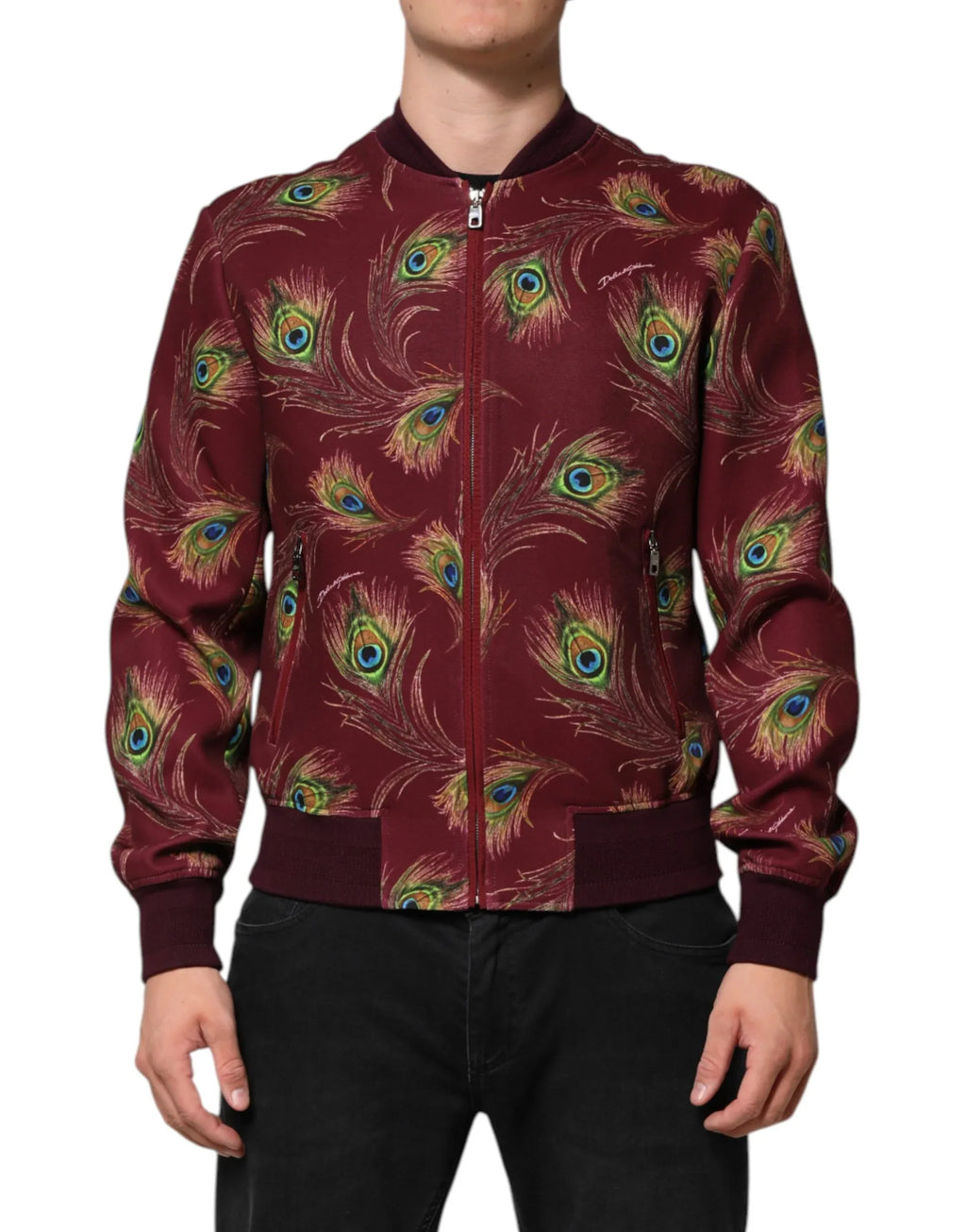 Dolce & Gabbana Maroon Peacock Feather Print Bomber Jacket - Zeiniez