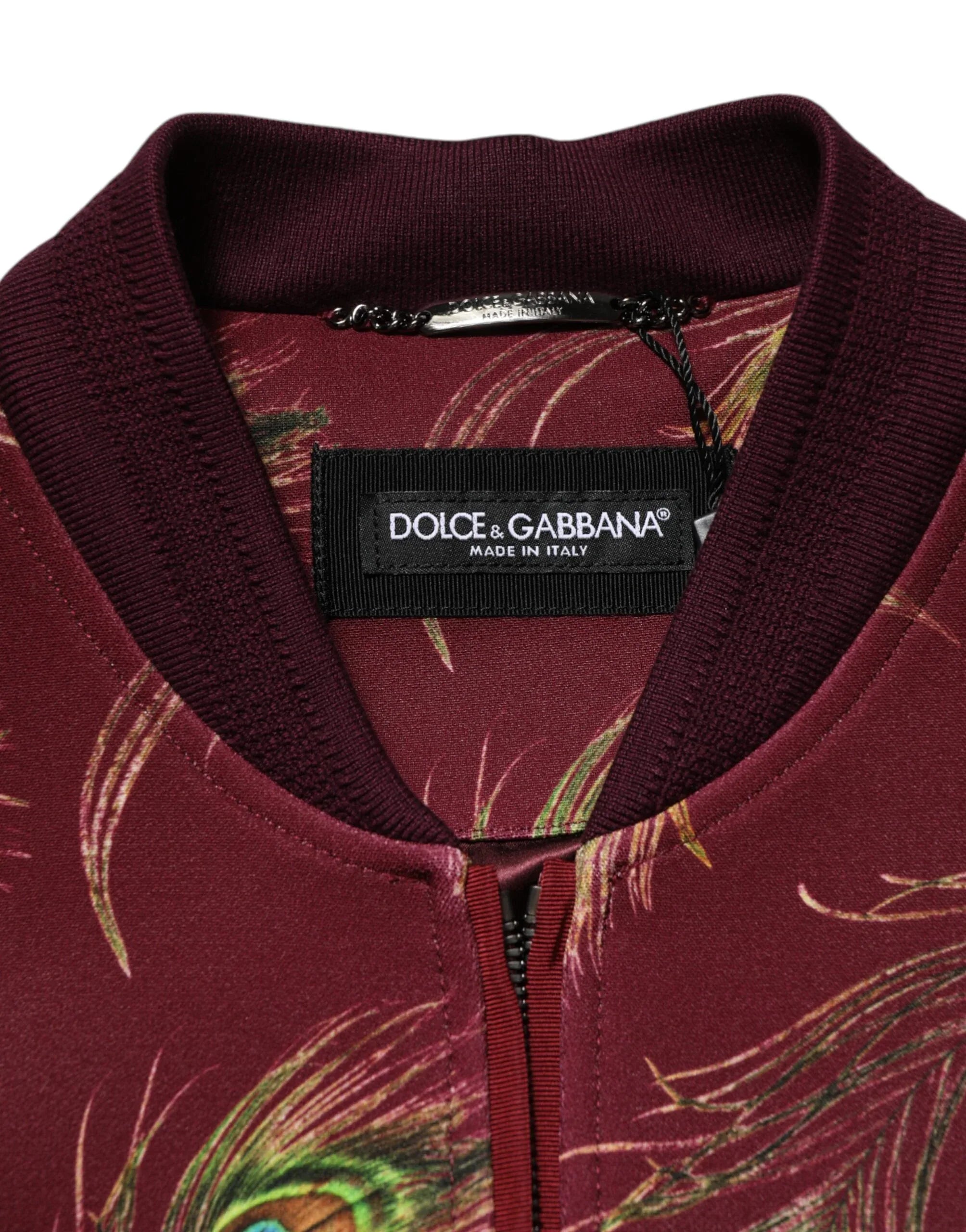 Dolce & Gabbana Maroon Peacock Feather Print Bomber Jacket - Zeiniez