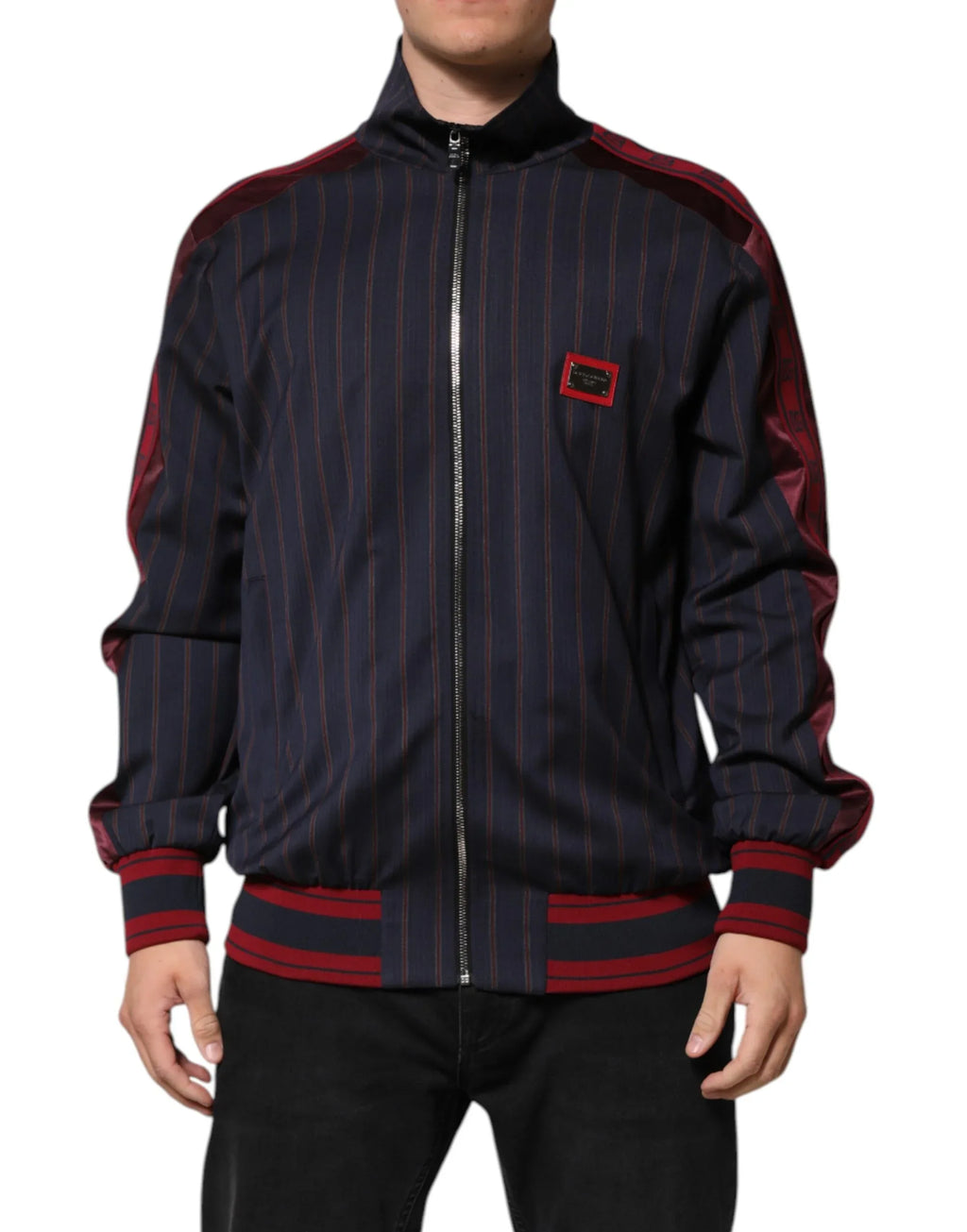Dolce & Gabbana Blue Red Striped Logo Plaque Full Zip Jacket - Zeiniez