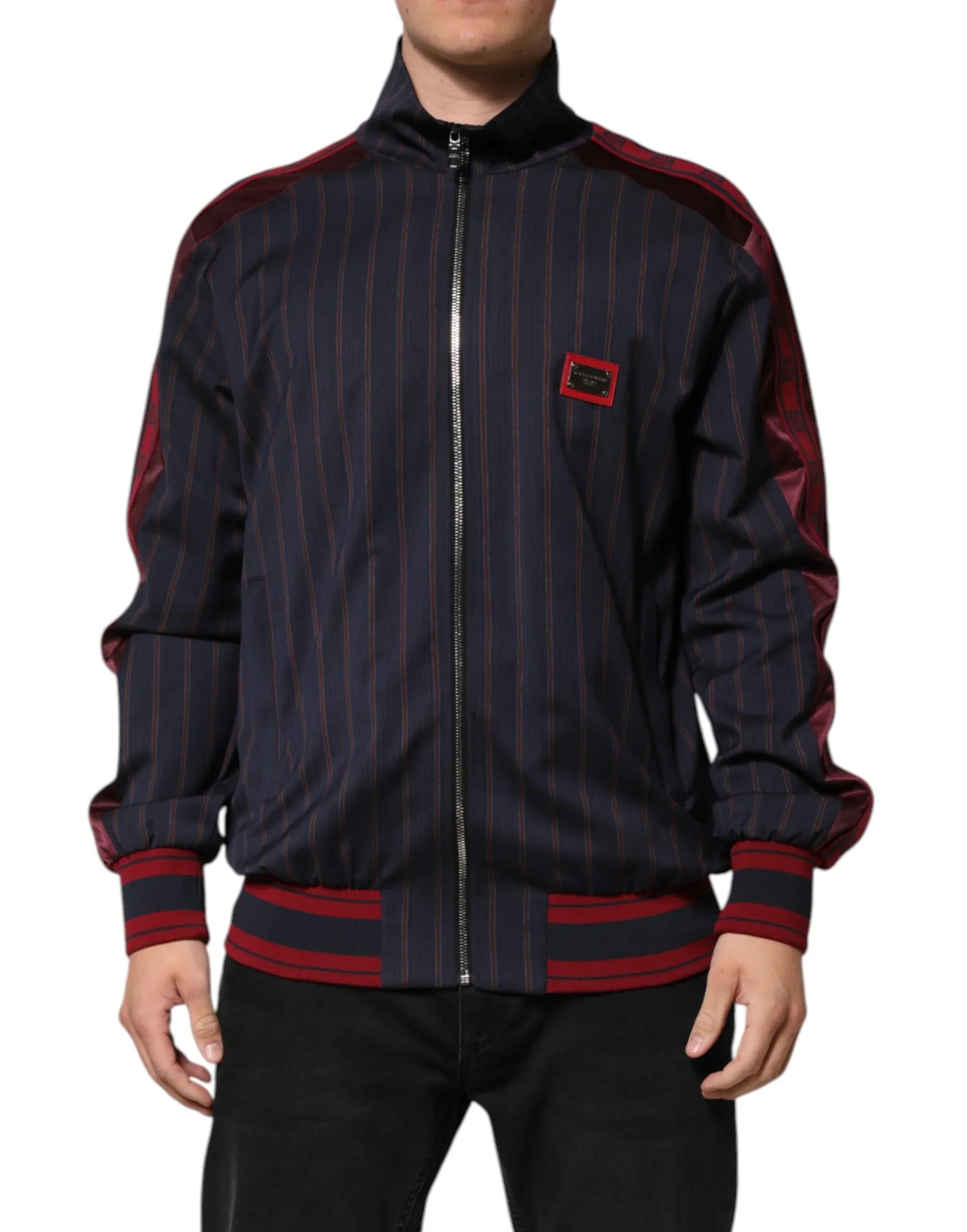 Dolce & Gabbana Blue Red Striped Logo Plaque Full Zip Jacket - Zeiniez