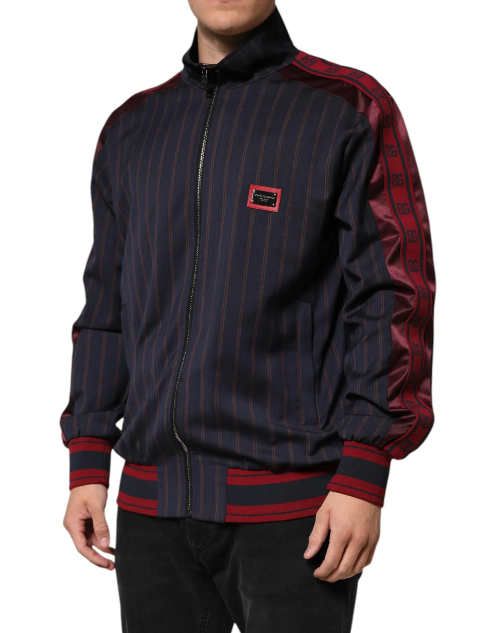 Dolce & Gabbana Blue Red Striped Logo Plaque Full Zip Jacket - Zeiniez