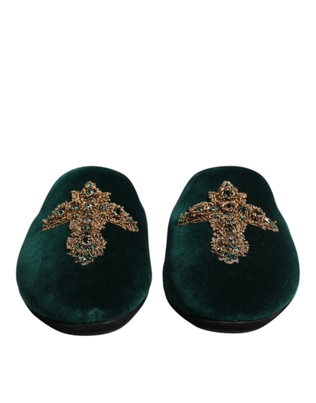 Dolce & Gabbana Green Velvet Cross Embellished Slippers Shoes