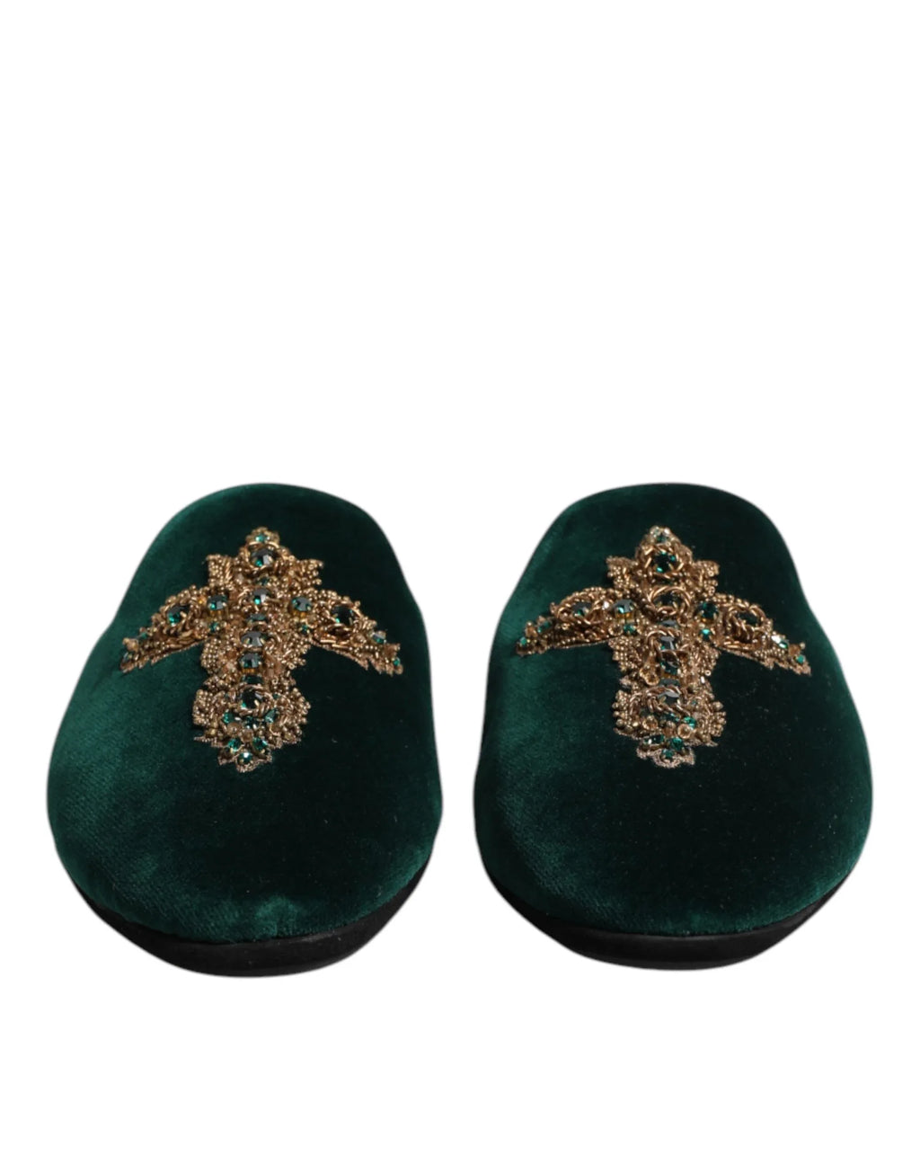 Dolce & Gabbana Green Velvet Cross Embellished Slippers Shoes - Zeiniez