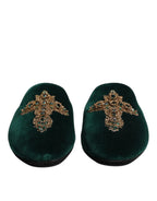 Dolce & Gabbana Green Velvet Cross Embellished Slippers Shoes - Zeiniez