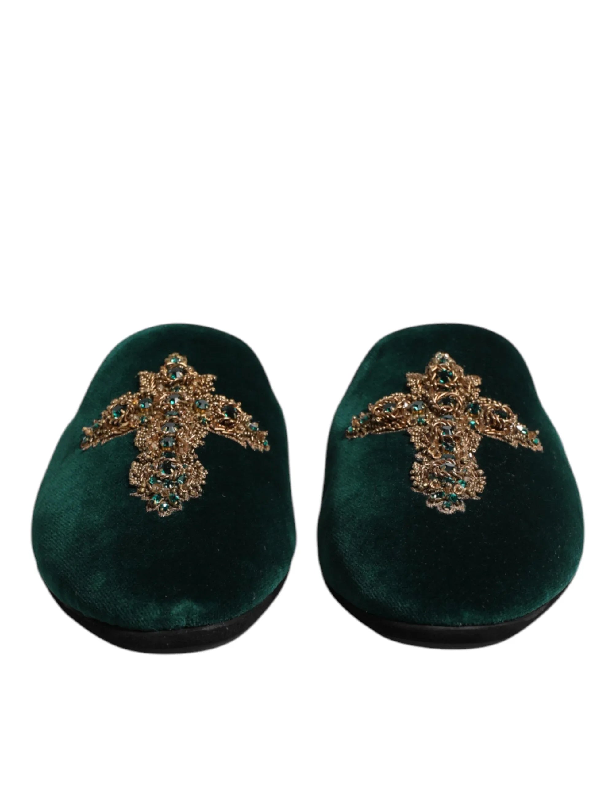 Dolce & Gabbana Green Velvet Cross Embellished Slippers Shoes - Zeiniez