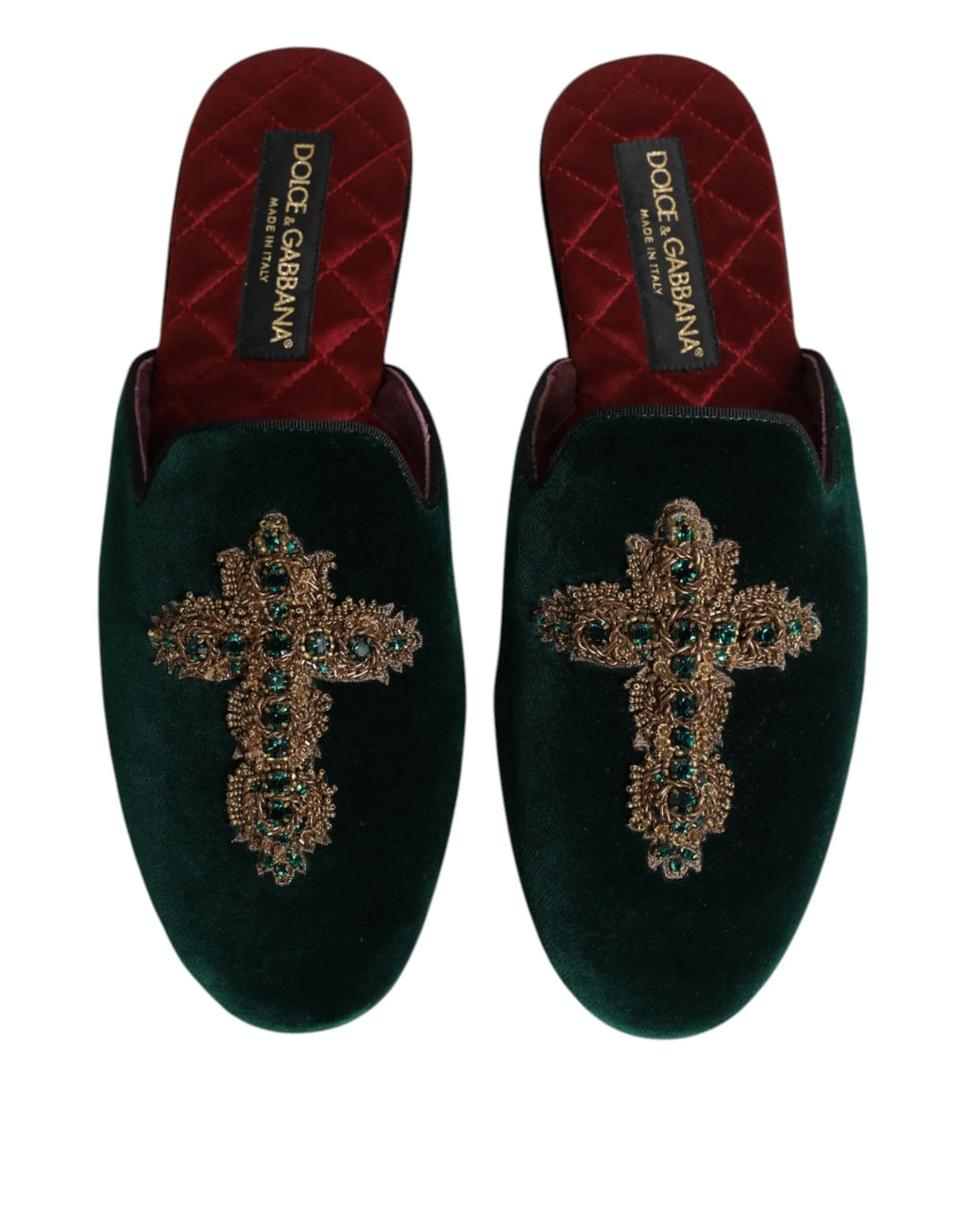 Dolce & Gabbana Green Velvet Cross Embellished Slippers Shoes - Zeiniez