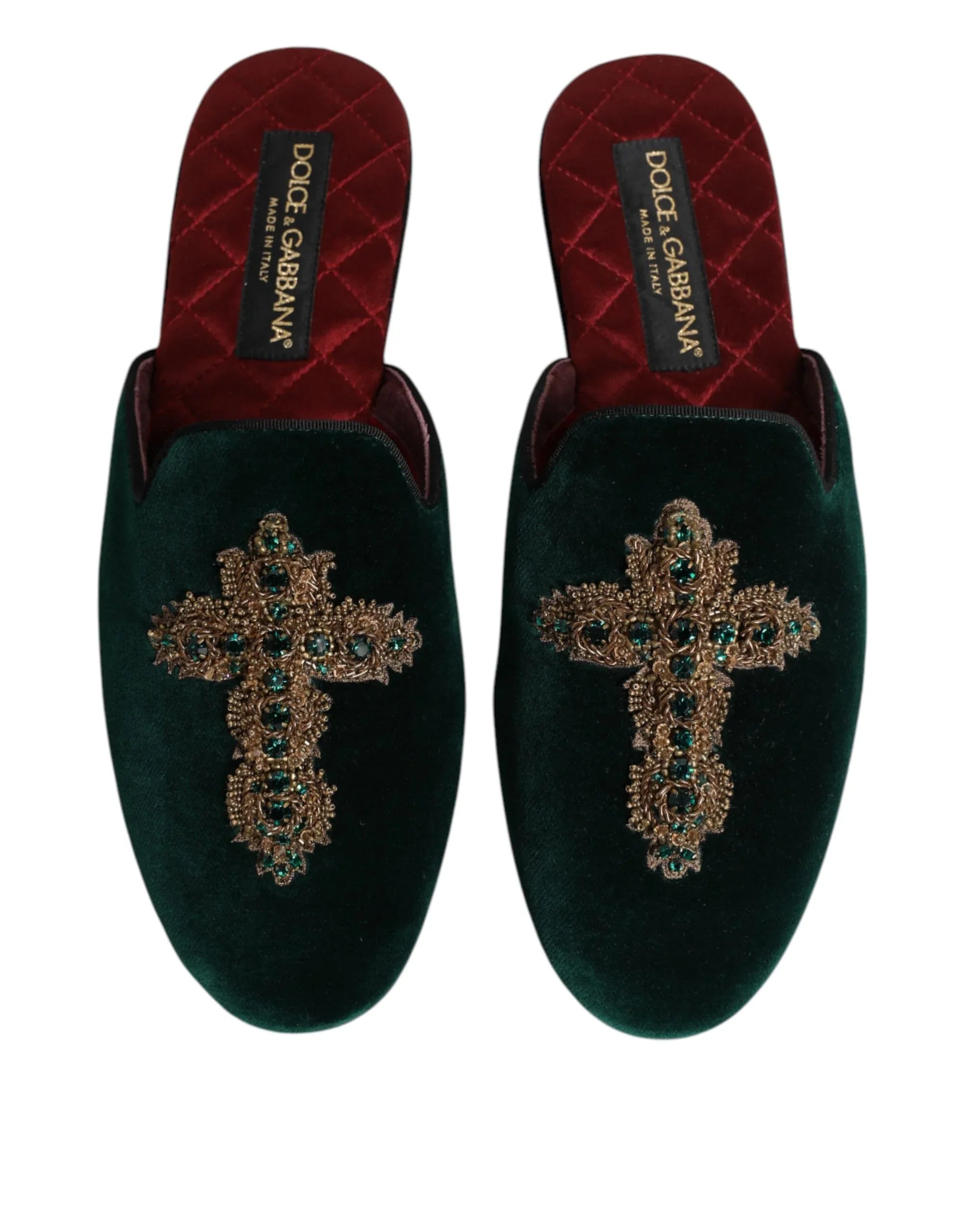 Dolce & Gabbana Green Velvet Cross Embellished Slippers Shoes - Zeiniez