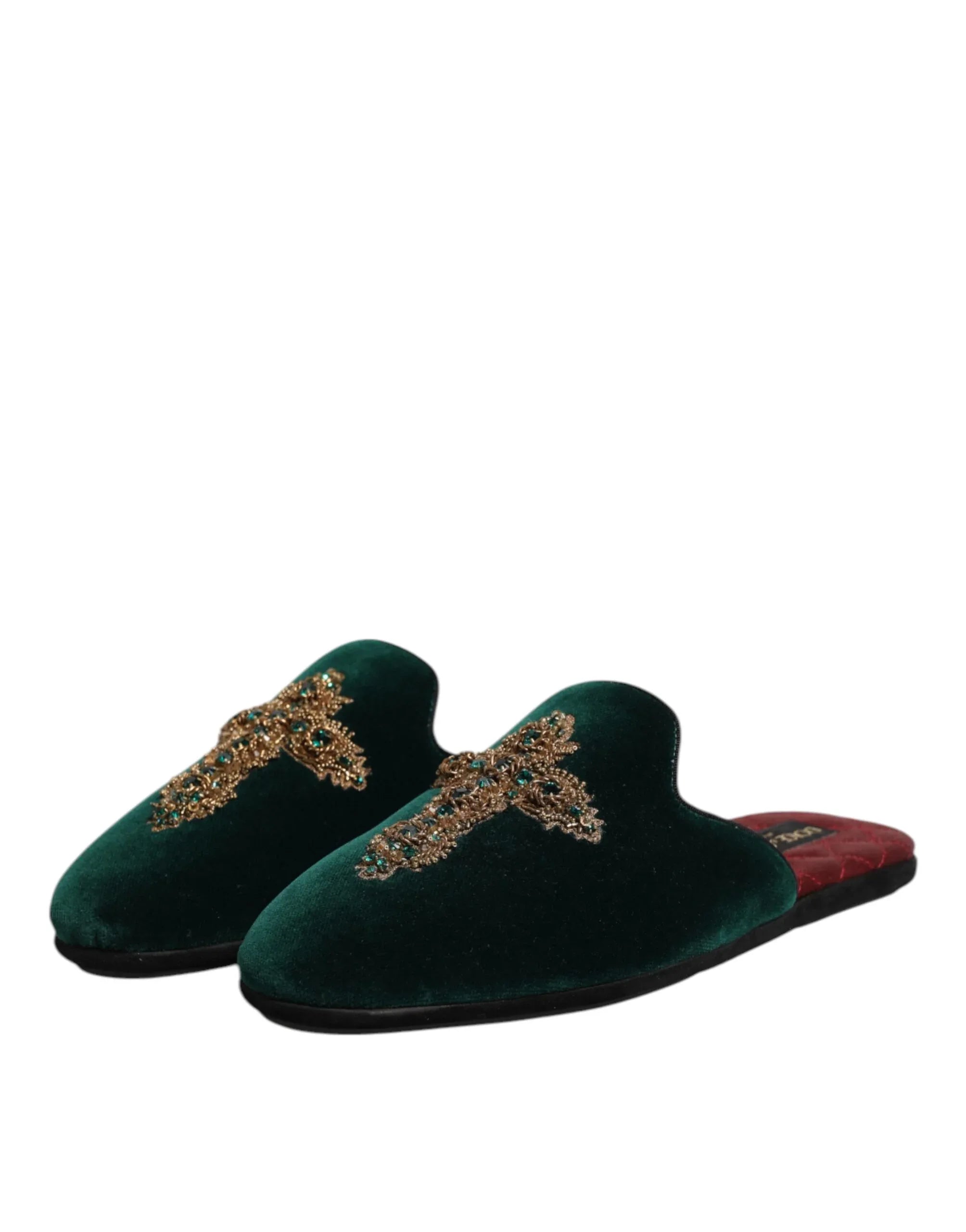 Dolce & Gabbana Green Velvet Cross Embellished Slippers Shoes - Zeiniez