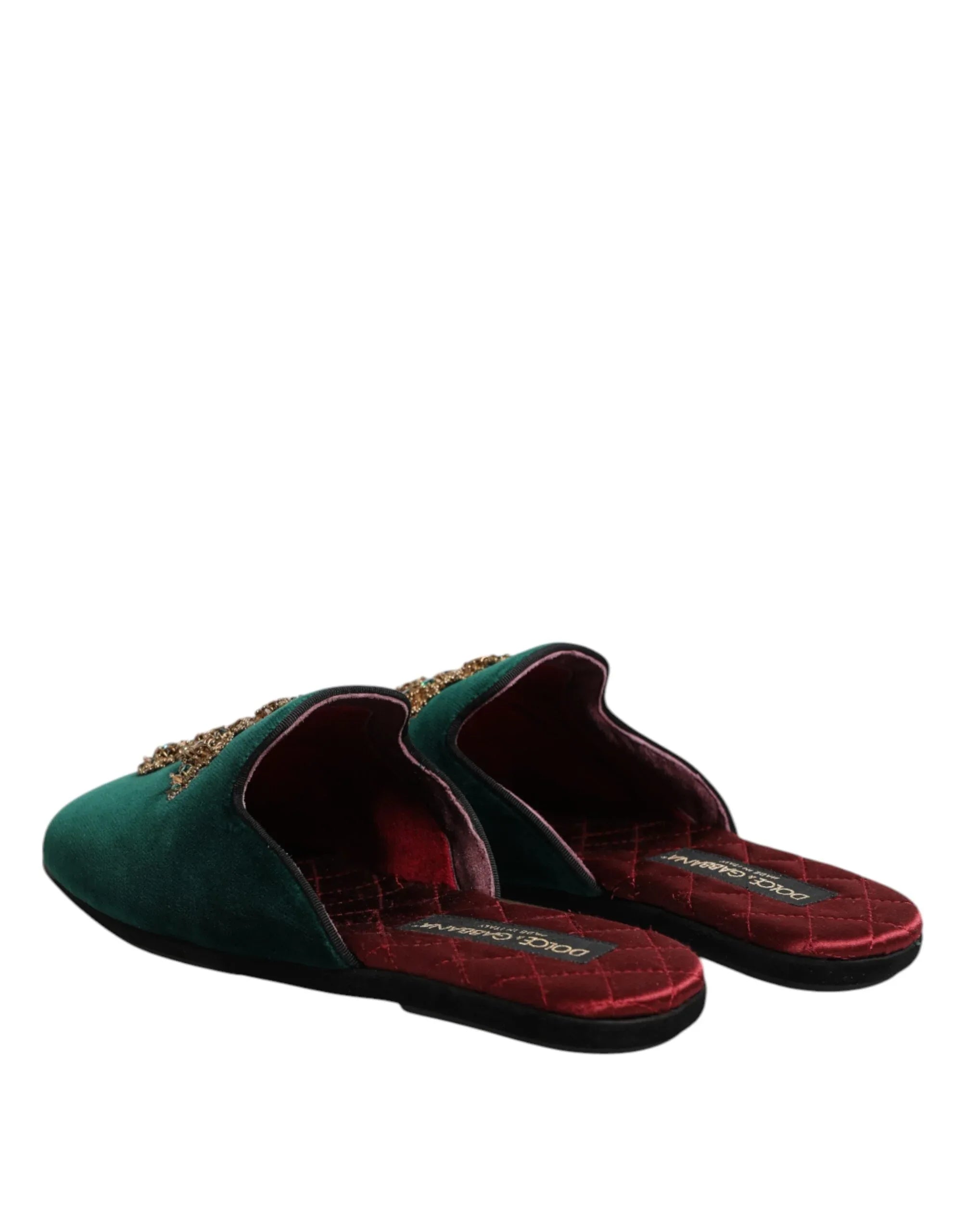 Dolce & Gabbana Green Velvet Cross Embellished Slippers Shoes - Zeiniez