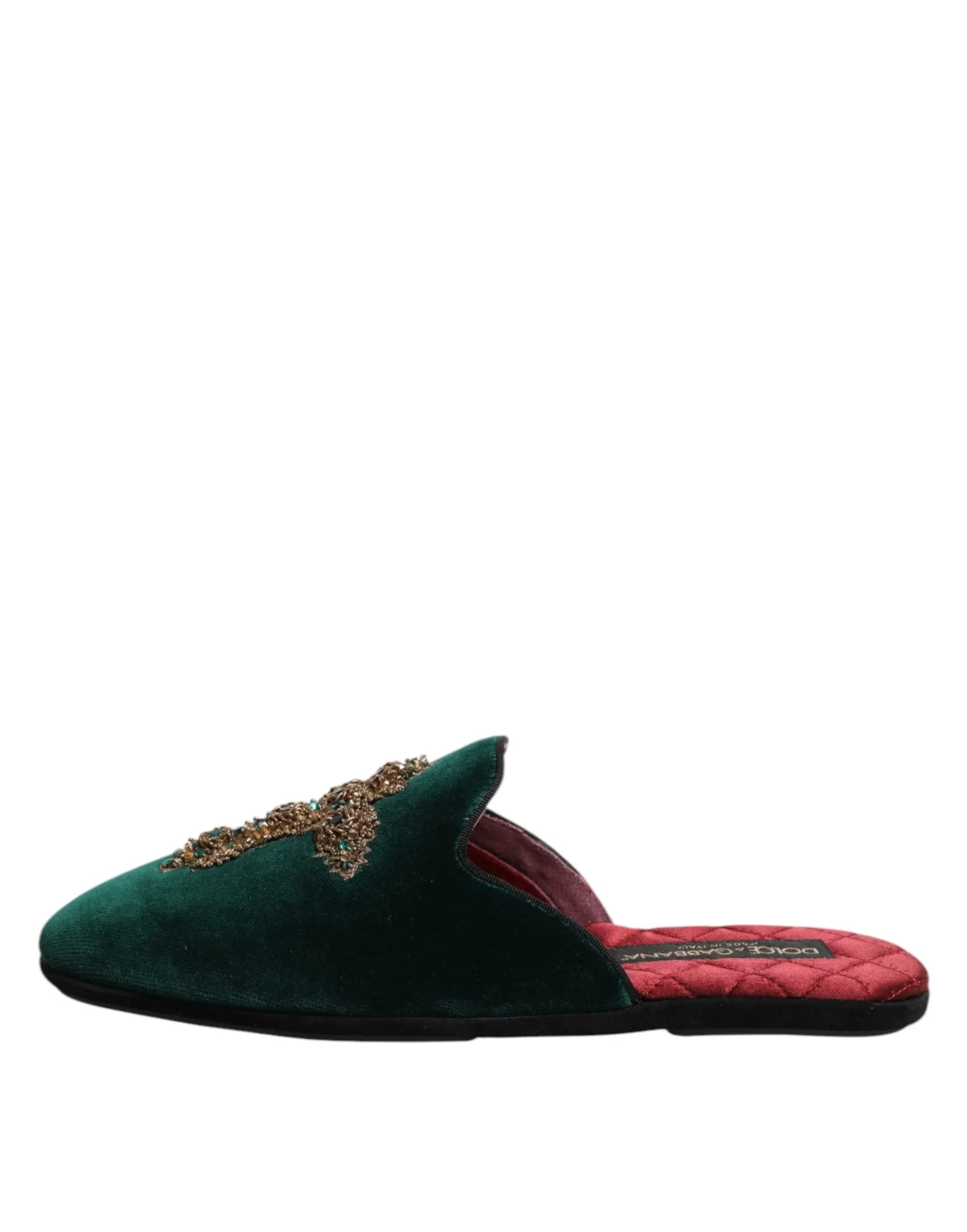 Dolce & Gabbana Green Velvet Cross Embellished Slippers Shoes - Zeiniez