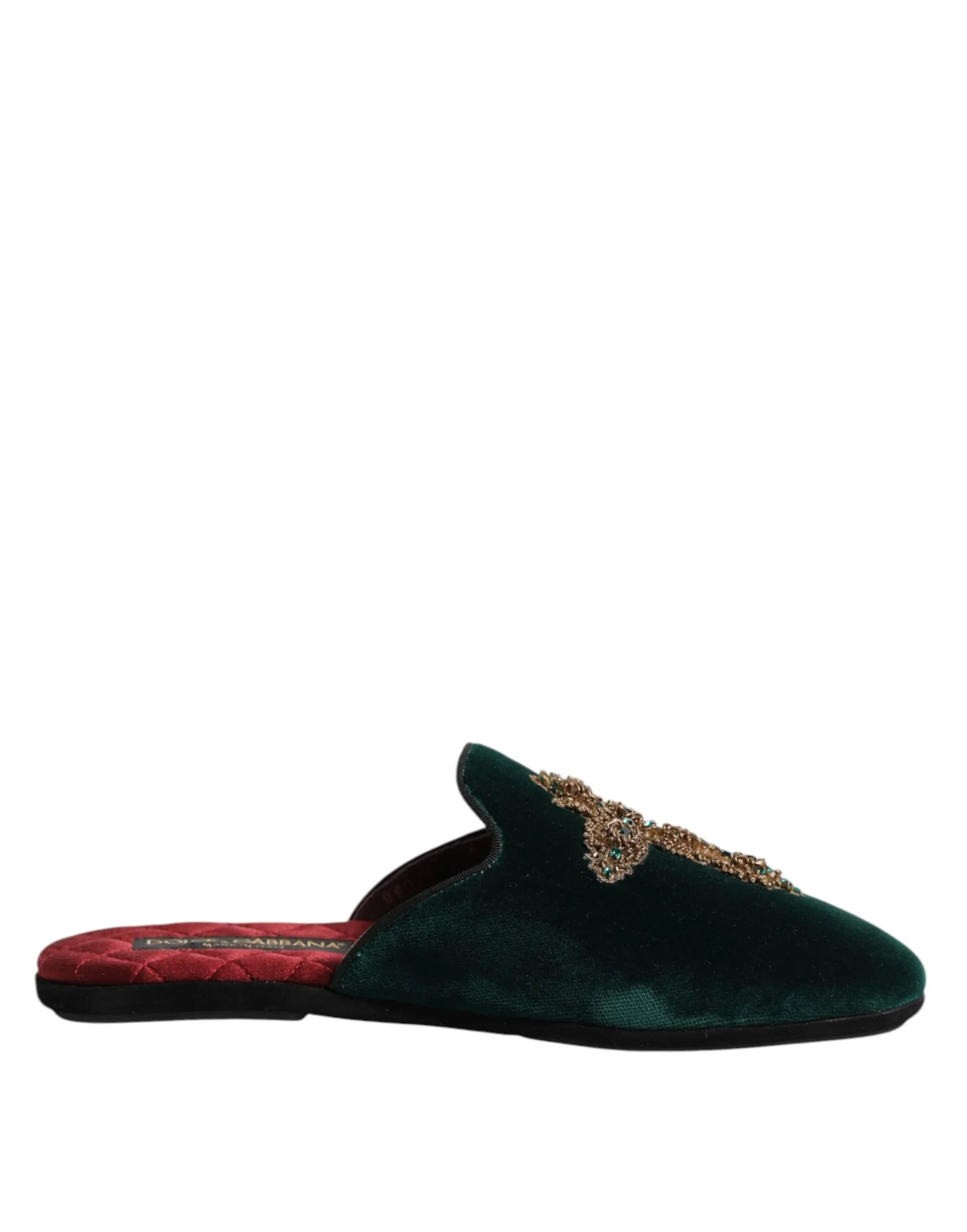 Dolce & Gabbana Green Velvet Cross Embellished Slippers Shoes - Zeiniez