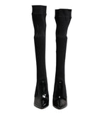 Dolce & Gabbana Black Leather Ribbed Knit Knee Boots Shoes - Zeiniez