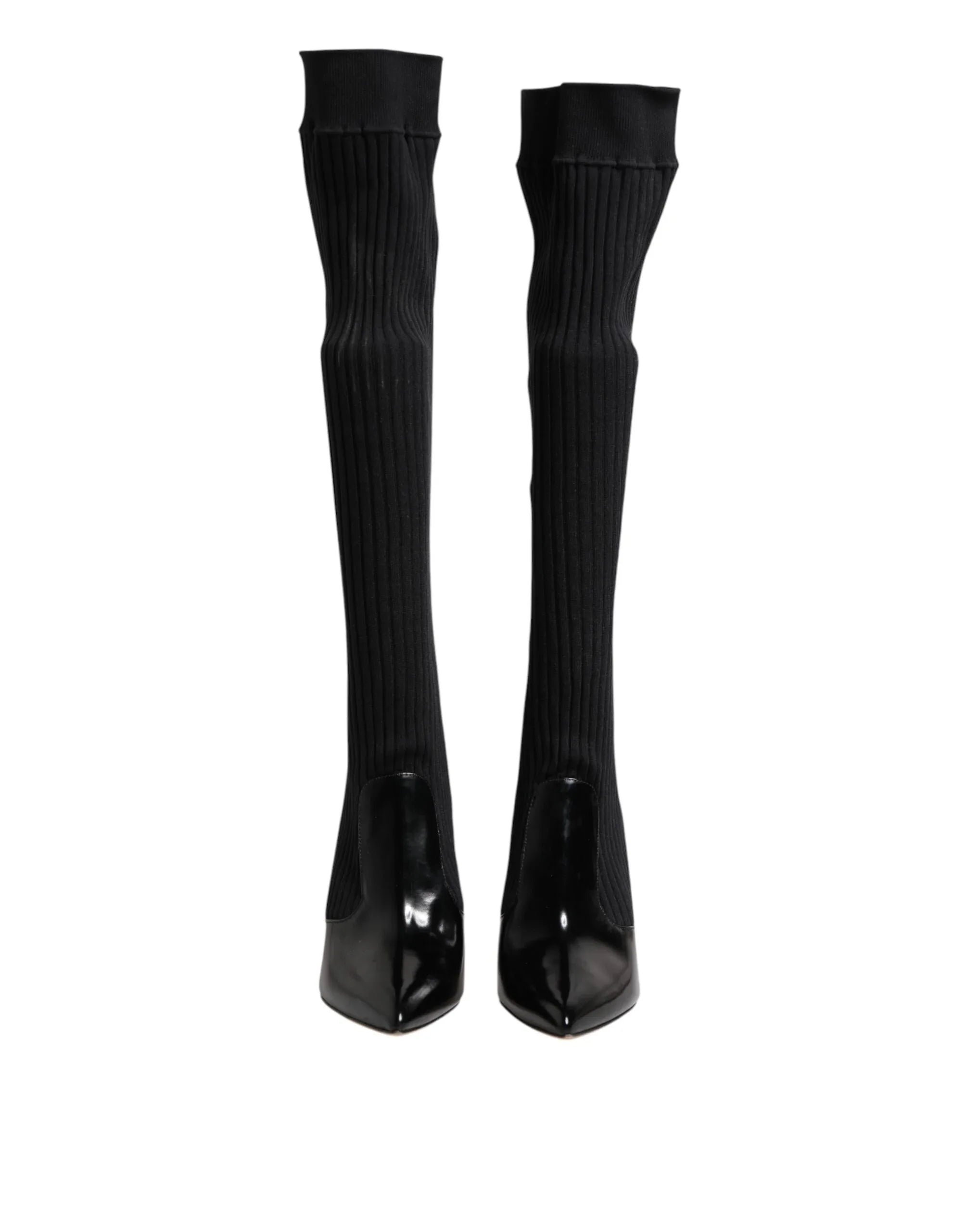 Dolce & Gabbana Black Leather Ribbed Knit Knee Boots Shoes - Zeiniez