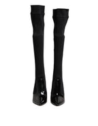 Dolce & Gabbana Black Leather Ribbed Knit Knee Boots Shoes