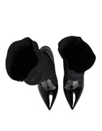 Dolce & Gabbana Black Leather Ribbed Knit Knee Boots Shoes - Zeiniez