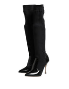 Dolce & Gabbana Black Leather Ribbed Knit Knee Boots Shoes - Zeiniez