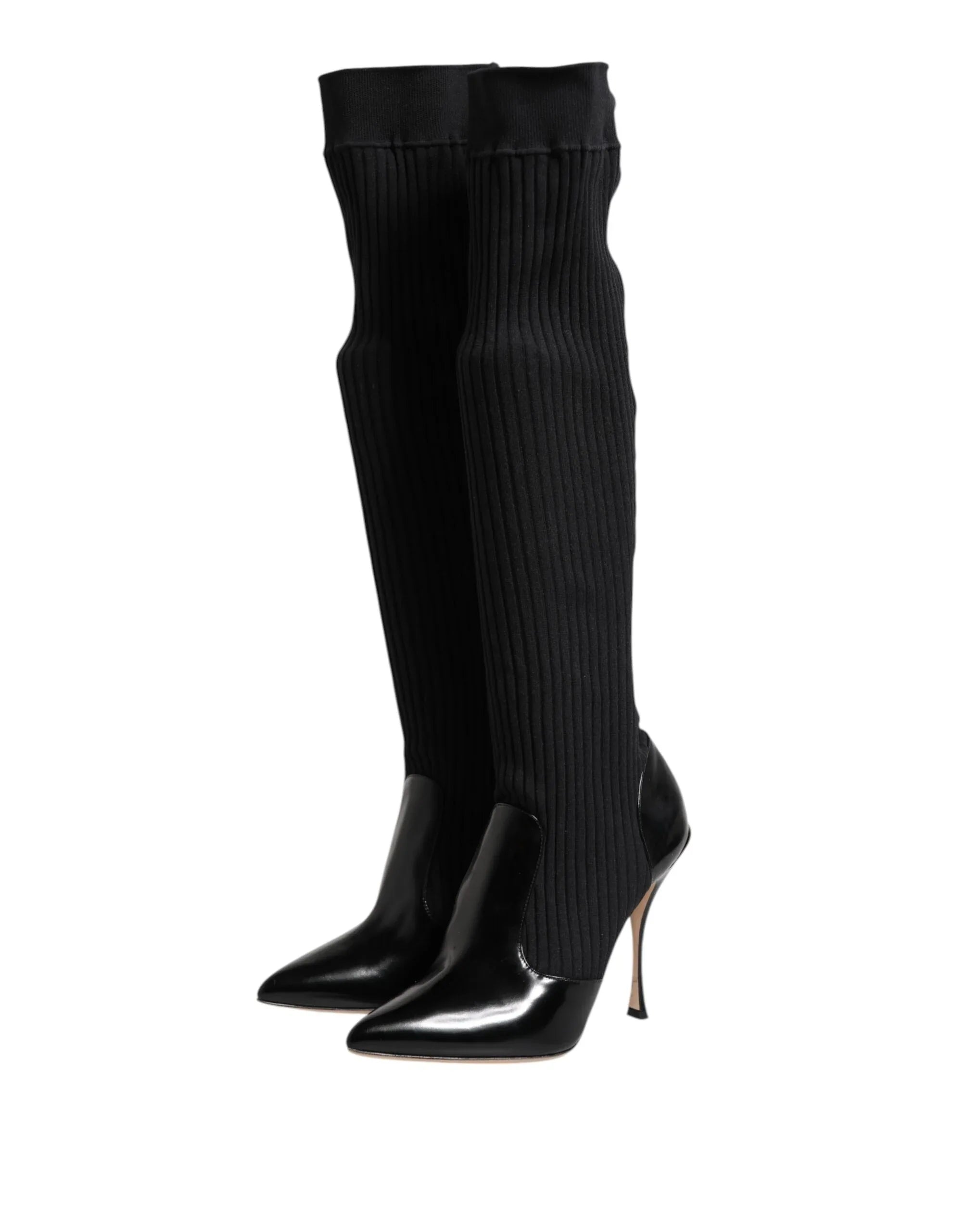 Dolce & Gabbana Black Leather Ribbed Knit Knee Boots Shoes - Zeiniez