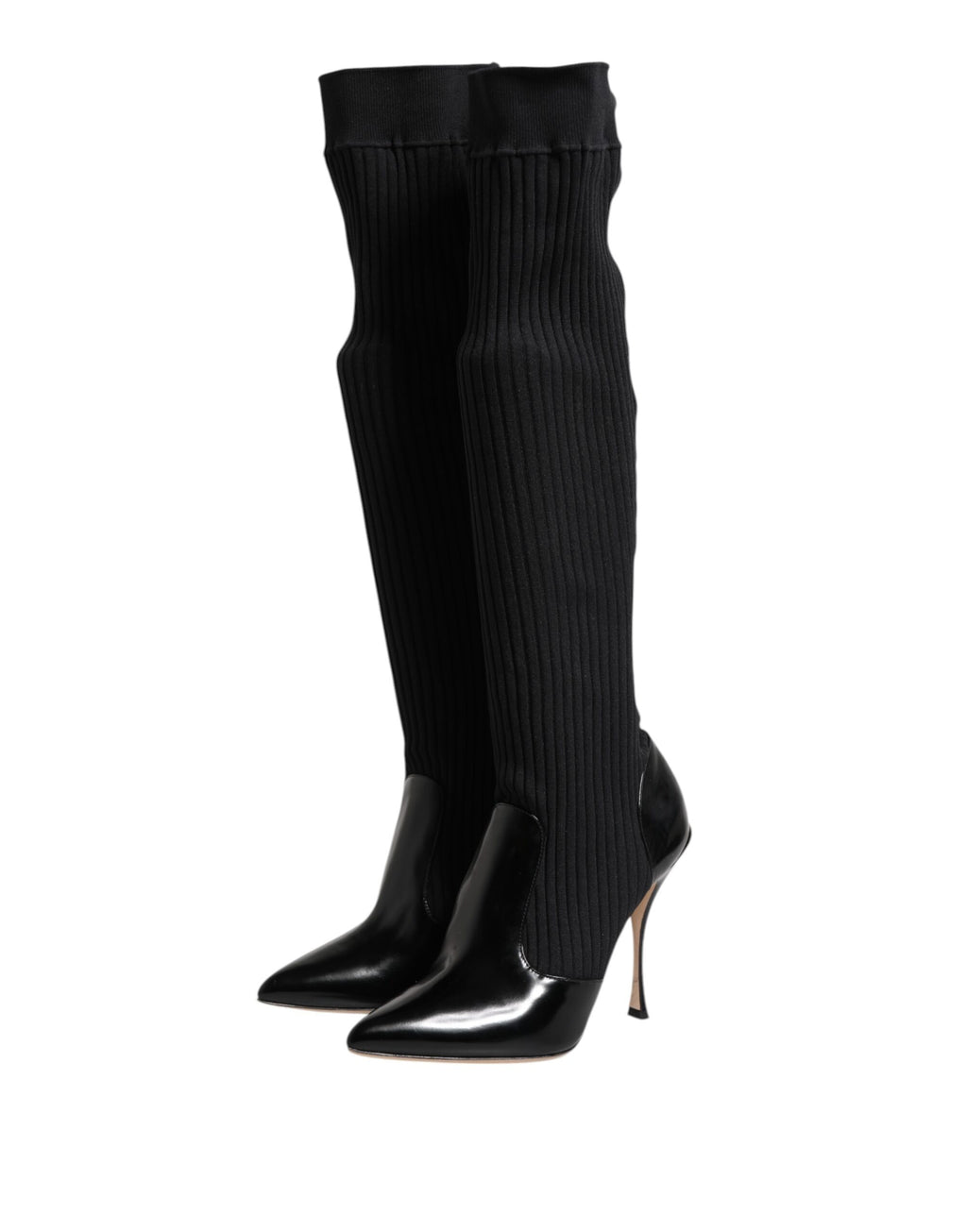Dolce & Gabbana Black Leather Ribbed Knit Knee Boots Shoes