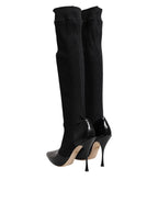 Dolce & Gabbana Black Leather Ribbed Knit Knee Boots Shoes - Zeiniez