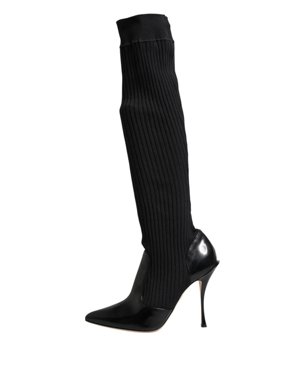 Dolce & Gabbana Black Leather Ribbed Knit Knee Boots Shoes - Zeiniez