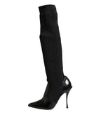 Dolce & Gabbana Black Leather Ribbed Knit Knee Boots Shoes - Zeiniez