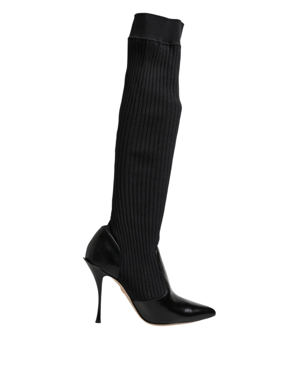 Dolce & Gabbana Black Leather Ribbed Knit Knee Boots Shoes - Zeiniez