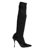 Dolce & Gabbana Black Leather Ribbed Knit Knee Boots Shoes - Zeiniez