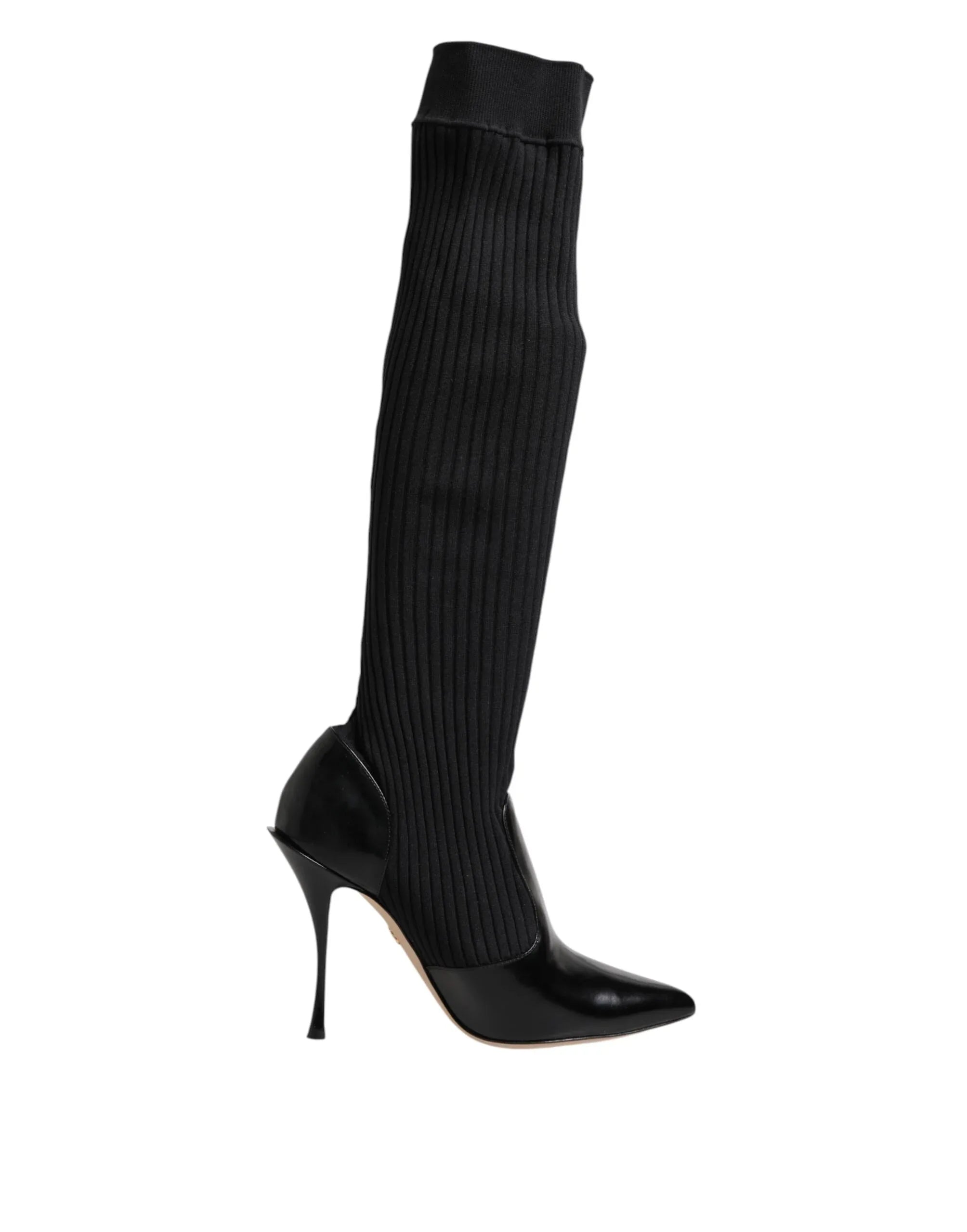 Dolce & Gabbana Black Leather Ribbed Knit Knee Boots Shoes - Zeiniez
