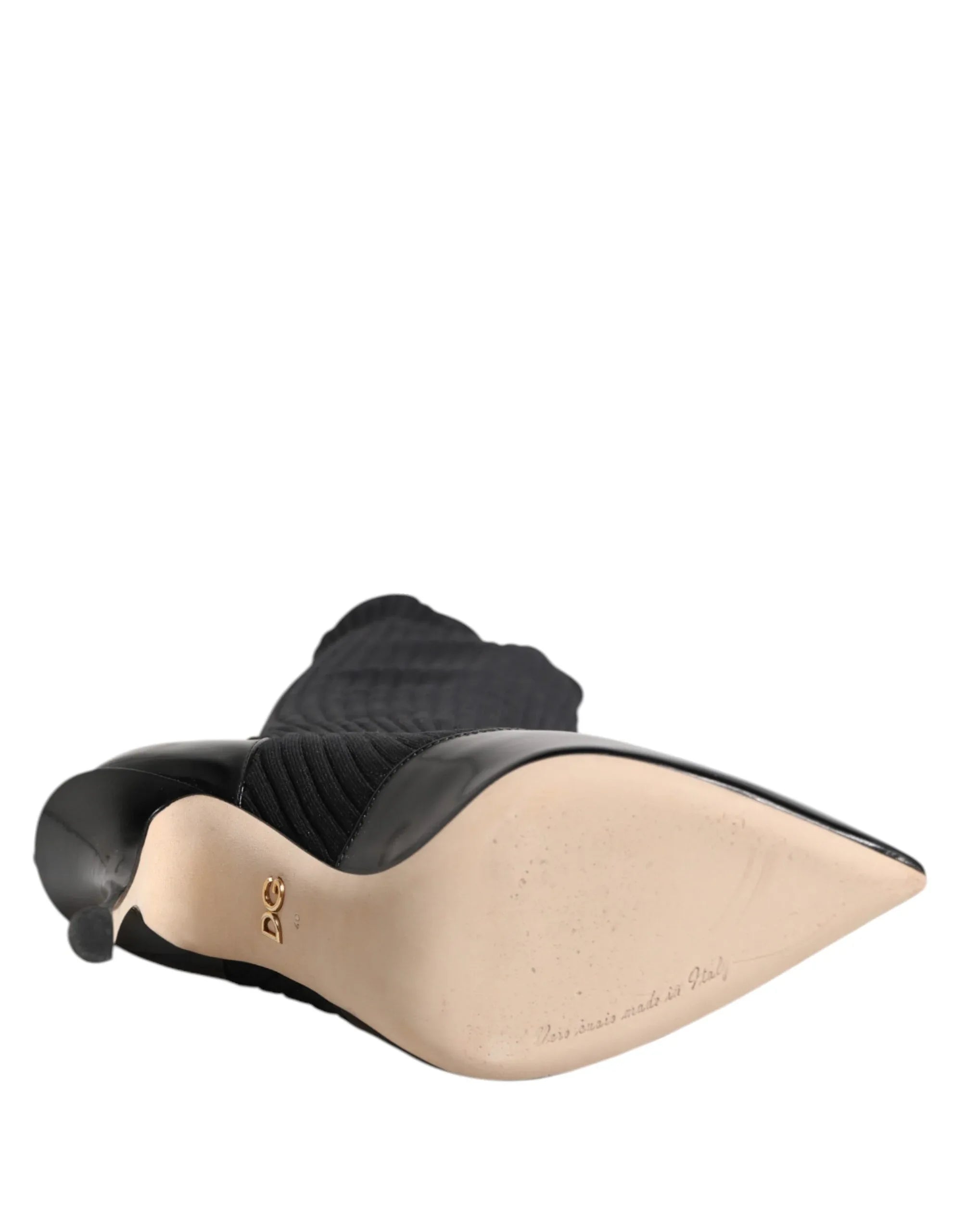 Dolce & Gabbana Black Leather Ribbed Knit Knee Boots Shoes - Zeiniez