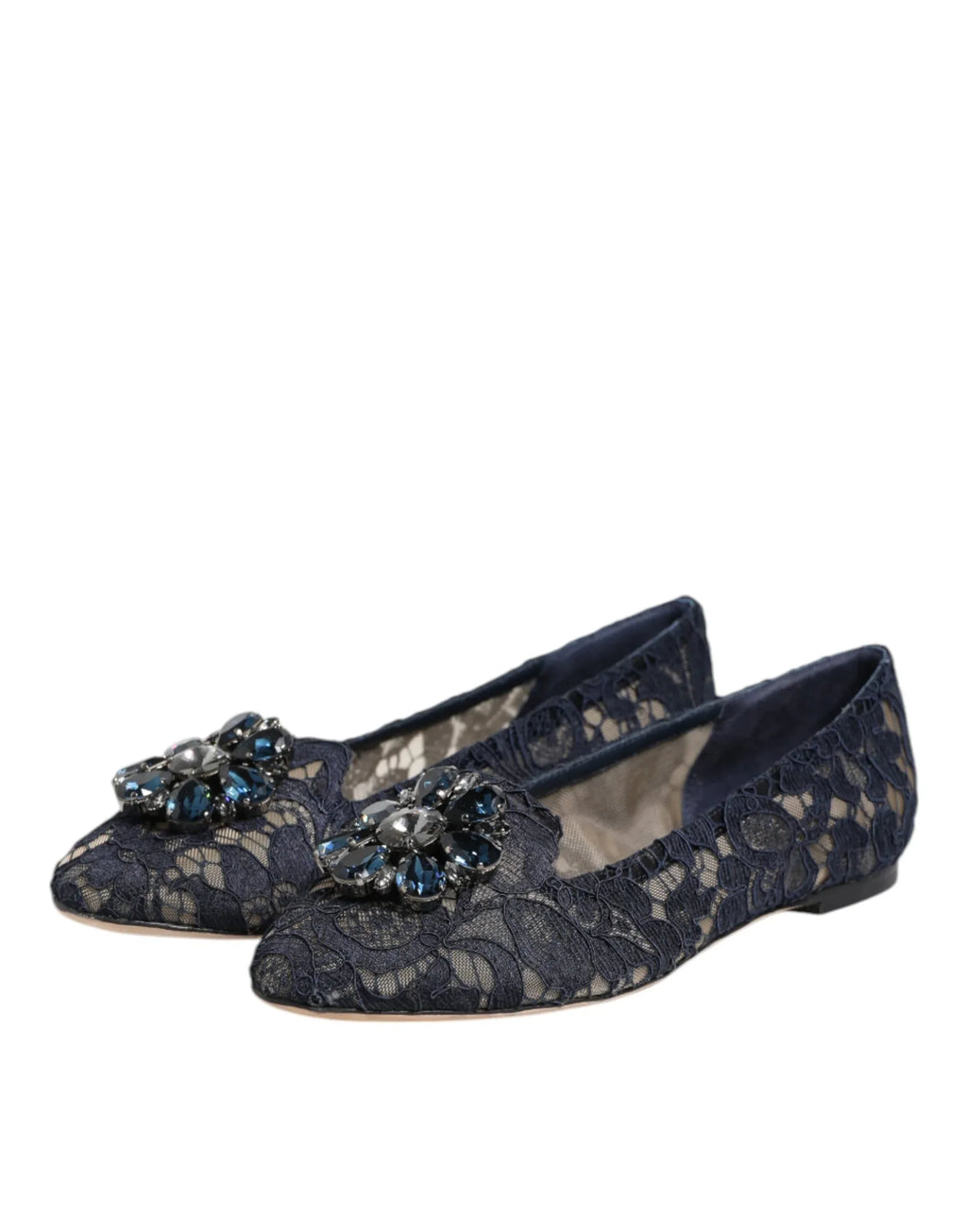 Dolce & Gabbana Blue Taormina Lace Crystals Flats Shoes - Zeiniez